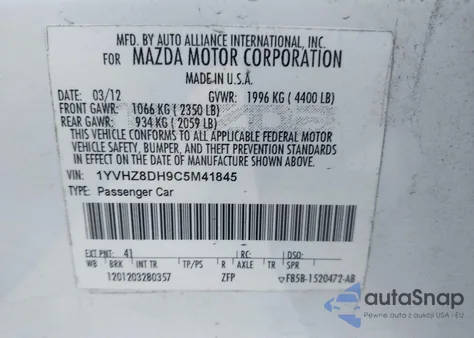 2012 Mazda Mazda6 I Touring from USA, damaged, VIN 1YVHZ8DH9C5M41845